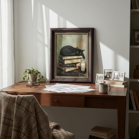 TEOVGKN Gothic Home Decor Black Cat Wall Art, Dark Academia Room Decor, Dark Brown Framed Pictures, Damage-Free Hanging Victorian Moody Artwork (9x11 in) in Saudi Arabia