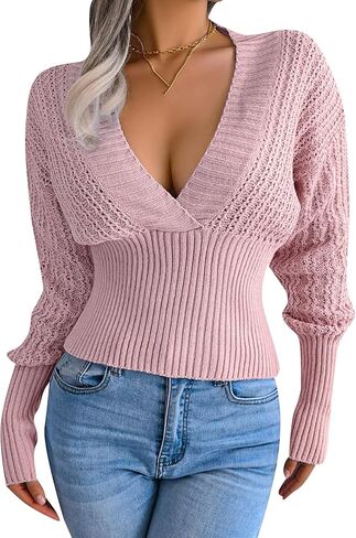 TYQQU Oversized Sweaters for Women Sexy Cross V Neck Sweaters Solid Long Sleeve Striped Sweater Slim Fit Sweater in Saudi Arabia
