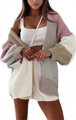 Womens Colorblock Open Front Cable Knit Cardigan Long Sleeve Casual Loose Stylish Cardigans in Saudi Arabia