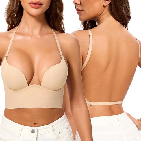 Low Back Bras-Seamless Invisible Backless Bra-Secret Plunge Bra-Lightly Lined Underwire Low Cut Multiway Halter Bra in Saudi Arabia