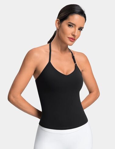 Colorfulkoala Dreamlux Halter Tank Top Backless V Neck Built-in Bra Adjustable Spaghetti Strap Workout Yoga Crop Top in Saudi Arabia