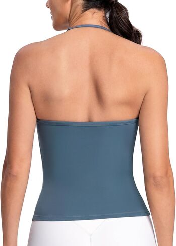 Colorfulkoala Dreamlux Halter Tank Top Backless V Neck Built-in Bra Adjustable Spaghetti Strap Workout Yoga Crop Top in Saudi Arabia