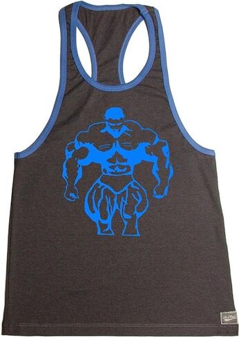 Crazee Wear Men's Workout Bodybuilding Stringer Gym Fitness Tank Top Charcoal/Blue Trim with Blue Mega Muscle Man in Kuwait