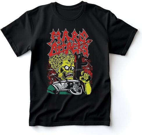 Aliens Attack Mars T-Shirt Vibrant Graphic Print No Fade Soft 100% Cotton Black Shirt in Kuwait
