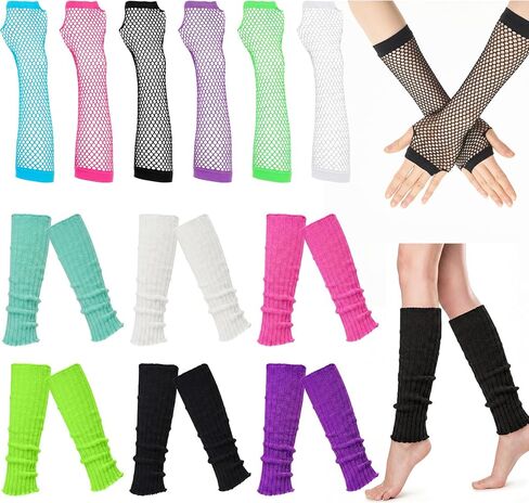 6 Sets 80s Neon Leg Warmers for Women with Fishnet Gloves Fingerless, 80s 90s Ribbed Leg Socks Costume Accessories for Neon Party Dance Sports in Saudi Arabia
