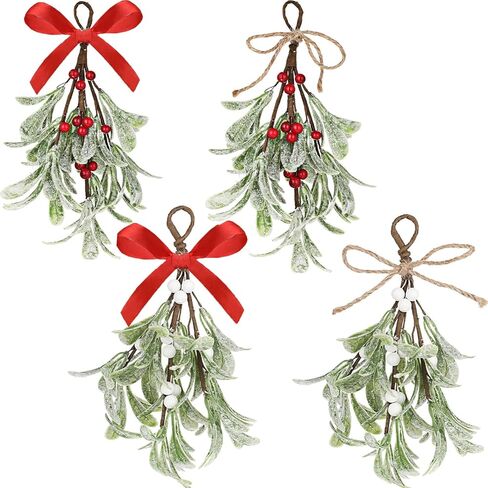 4 Pcs Christmas Mistletoe Decor Artificial Mistletoe Ornament 10 Inch Frosted Mistletoe Hanging Decorations Kissing Ball with Bow for Doorway Home Xmas Tree in Kuwait