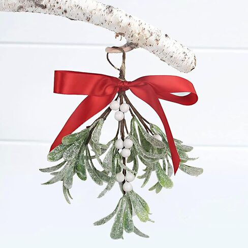 4 Pcs Christmas Mistletoe Decor Artificial Mistletoe Ornament 10 Inch Frosted Mistletoe Hanging Decorations Kissing Ball with Bow for Doorway Home Xmas Tree in Kuwait