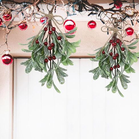 4 Pcs Christmas Mistletoe Decor Artificial Mistletoe Ornament 10 Inch Frosted Mistletoe Hanging Decorations Kissing Ball with Bow for Doorway Home Xmas Tree in Kuwait