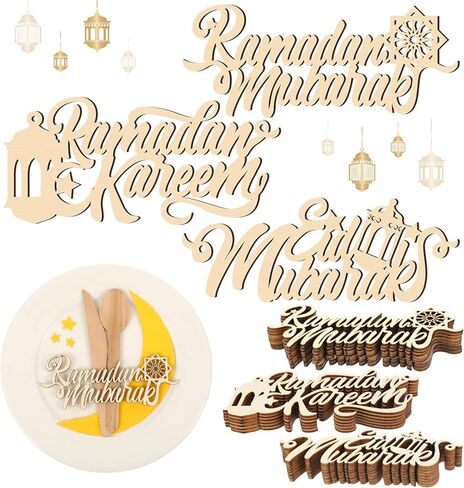 24 Pieces Eid Mubarak Plate Setting Hanging Wooden Word Eid Wood Sign Kareem Moon Star Ramadan Decorations Islamic Table Decor for Al Adha Muslim Home Pendant Wall Party Ornaments in Saudi Arabia