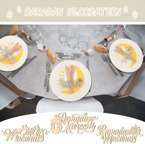 24 Pieces Eid Mubarak Plate Setting Hanging Wooden Word Eid Wood Sign Kareem Moon Star Ramadan Decorations Islamic Table Decor for Al Adha Muslim Home Pendant Wall Party Ornaments in Saudi Arabia