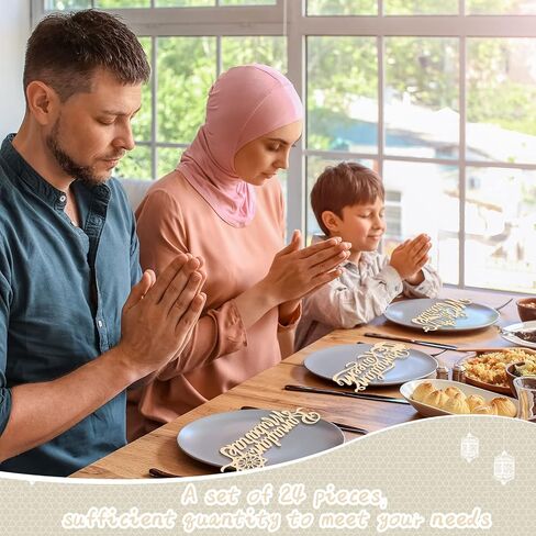 24 Pieces Eid Mubarak Plate Setting Hanging Wooden Word Eid Wood Sign Kareem Moon Star Ramadan Decorations Islamic Table Decor for Al Adha Muslim Home Pendant Wall Party Ornaments in Saudi Arabia