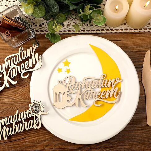 24 Pieces Eid Mubarak Plate Setting Hanging Wooden Word Eid Wood Sign Kareem Moon Star Ramadan Decorations Islamic Table Decor for Al Adha Muslim Home Pendant Wall Party Ornaments in Saudi Arabia