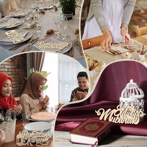 24 Pieces Eid Mubarak Plate Setting Hanging Wooden Word Eid Wood Sign Kareem Moon Star Ramadan Decorations Islamic Table Decor for Al Adha Muslim Home Pendant Wall Party Ornaments in Saudi Arabia