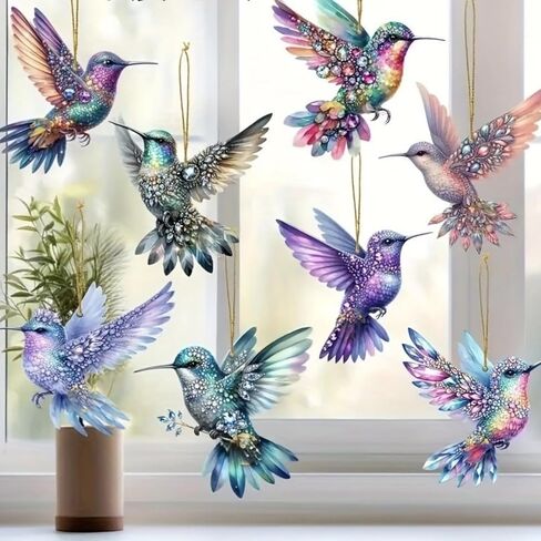 8PCS Sparkly Hummingbird Christmas Hanging Ornaments with Rope - 2D Flat Pendants | for Home, Window, Office, Classroom, Wine Bottle, Yard & Party in Saudi Arabia