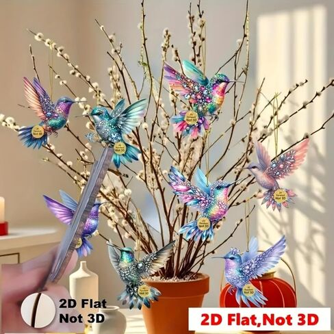 8PCS Sparkly Hummingbird Christmas Hanging Ornaments with Rope - 2D Flat Pendants | for Home, Window, Office, Classroom, Wine Bottle, Yard & Party in Saudi Arabia
