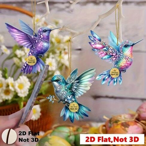 8PCS Sparkly Hummingbird Christmas Hanging Ornaments with Rope - 2D Flat Pendants | for Home, Window, Office, Classroom, Wine Bottle, Yard & Party in Saudi Arabia