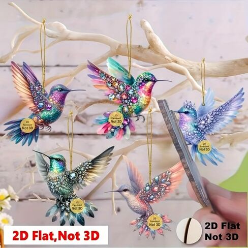 8PCS Sparkly Hummingbird Christmas Hanging Ornaments with Rope - 2D Flat Pendants | for Home, Window, Office, Classroom, Wine Bottle, Yard & Party in Saudi Arabia