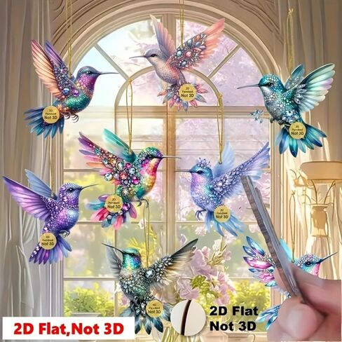 8PCS Sparkly Hummingbird Christmas Hanging Ornaments with Rope - 2D Flat Pendants | for Home, Window, Office, Classroom, Wine Bottle, Yard & Party in Saudi Arabia