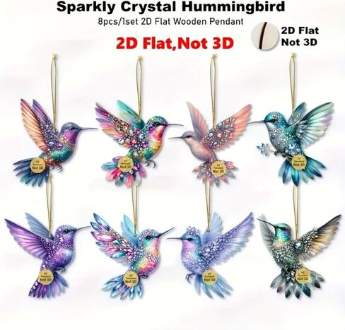 8PCS Sparkly Hummingbird Christmas Hanging Ornaments with Rope - 2D Flat Pendants | for Home, Window, Office, Classroom, Wine Bottle, Yard & Party in Saudi Arabia