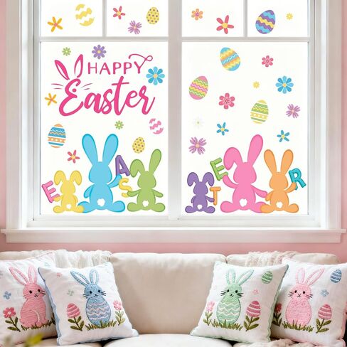 AnyDesign 9 Sheets Easter Window Cling Sticker Colorful Egg Bunny Rabbit Reusable Window Decals for Easter Spring Party Supplies Home Glass Decor in Saudi Arabia