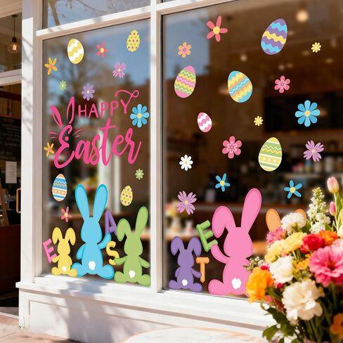 AnyDesign 9 Sheets Easter Window Cling Sticker Colorful Egg Bunny Rabbit Reusable Window Decals for Easter Spring Party Supplies Home Glass Decor in Saudi Arabia