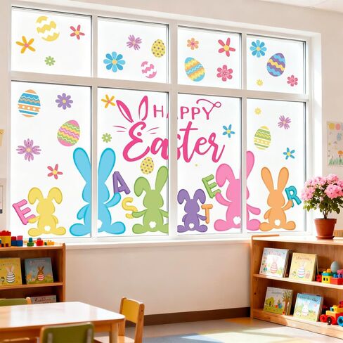 AnyDesign 9 Sheets Easter Window Cling Sticker Colorful Egg Bunny Rabbit Reusable Window Decals for Easter Spring Party Supplies Home Glass Decor in Saudi Arabia
