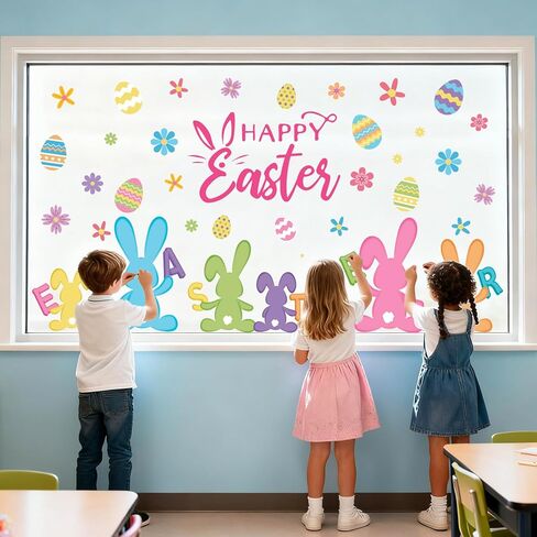AnyDesign 9 Sheets Easter Window Cling Sticker Colorful Egg Bunny Rabbit Reusable Window Decals for Easter Spring Party Supplies Home Glass Decor in Saudi Arabia