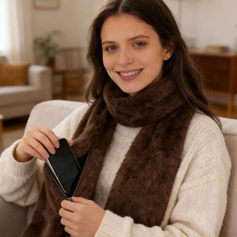 وشاح من الفرو الصناعي مع جيب بسحاب مخفي للنساء، وشاح بياقة رقبة من الفرو، لف مريح، تخزين مخفي آمن - بني in Kuwait