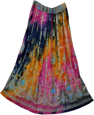 Tie Dye Yoga Trend Women's Sequined Crinkle Broomstick Gypsy Long Skirt (Yellow) in Saudi Arabia