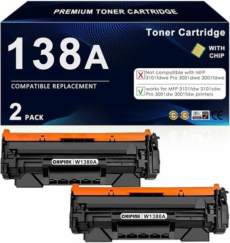 138A Toner Cartridge (with Chip) Replacement Compatible for HP 138A Black Toner Cartridge W1380A 138X W1380X for Laser Pro MFP 3101fdw 3101sdw Pro 3001dw 3001fdw Printer (2 Pack) in Kuwait