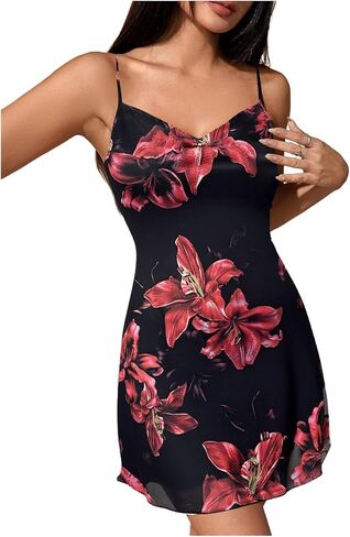 MakeMeChic Women's Floral Print Draped Spaghetti Strap Flared Summer Short Mini Cami Dress in Kuwait