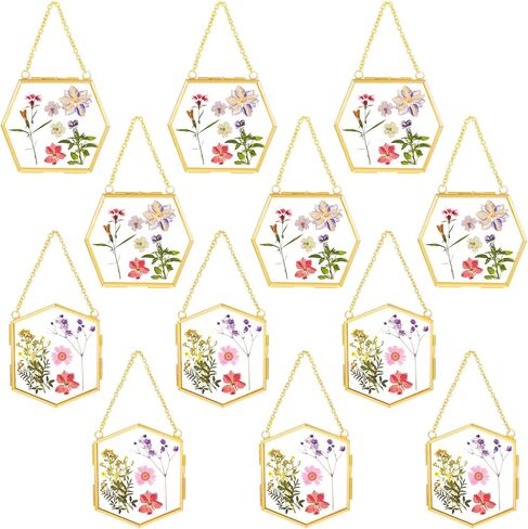 Wenqik 12 Pcs Pressed Flower Glass Picture Frames 3.7" x 3.2" Hanging Double Glass Frame Photo Ornaments for Tree Clear Vertical Frames with Chain for Gallery Vintage Artwork Display(Gold) in Saudi Arabia