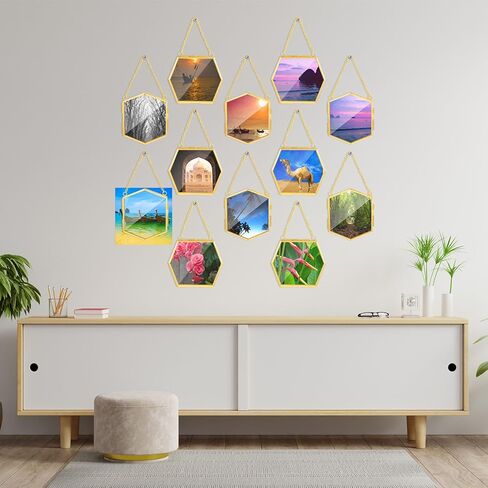 Wenqik 12 Pcs Pressed Flower Glass Picture Frames 3.7" x 3.2" Hanging Double Glass Frame Photo Ornaments for Tree Clear Vertical Frames with Chain for Gallery Vintage Artwork Display(Gold) in Saudi Arabia