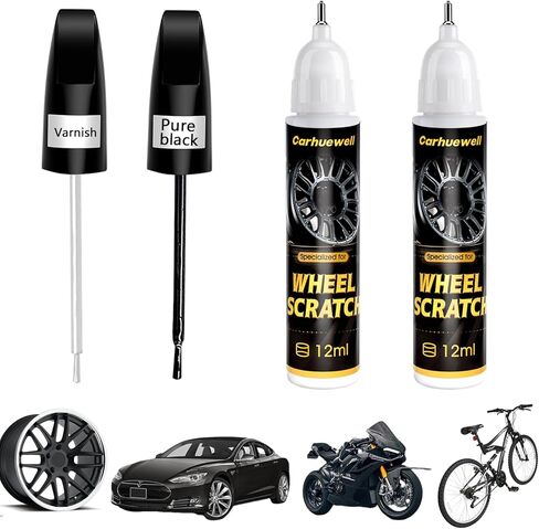 طلاء أسود لامع لإصلاح خدوش عجلة السيارة، طقم إصلاح خدوش عجلة السيارة مع قلم طلاء شفاف للورنيش، لون دقيق سهل الاستخدام (ورنيش أسود لامع) in Kuwait