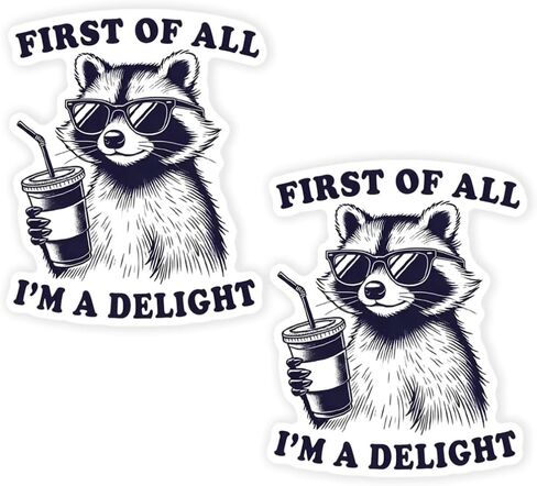 2pc 4.13''x5.12'' Humorous Raccoon Vinyl Sticker First of All I'm a Delight - Glossy Self-Adhesive Decal for Laptop, Car, Helmet, Window, Wall - Waterproof & UV-Proof Car Decal Sticker | CZ08 in Saudi Arabia