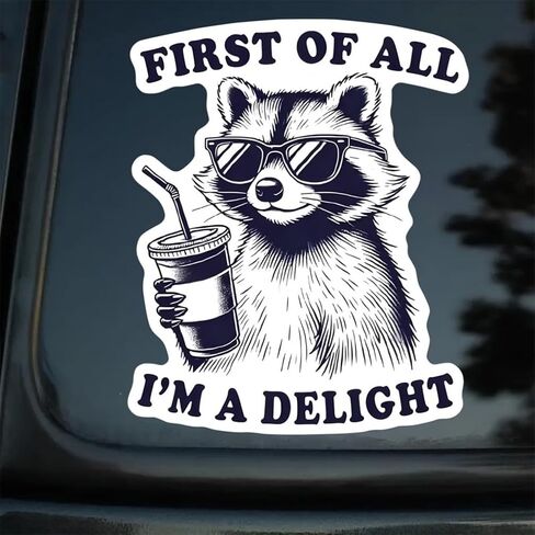 2pc 4.13''x5.12'' Humorous Raccoon Vinyl Sticker First of All I'm a Delight - Glossy Self-Adhesive Decal for Laptop, Car, Helmet, Window, Wall - Waterproof & UV-Proof Car Decal Sticker | CZ08 in Saudi Arabia
