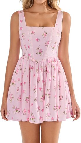 Women Summer Floral Mini Dress Smocked A Line Lace Graduation Vacation Casual Sundress with Pockets 2026 in Kuwait
