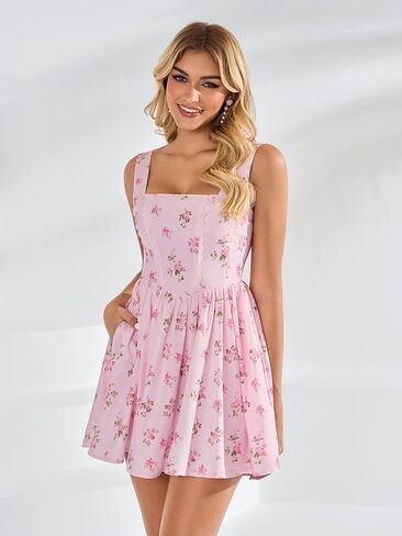 Women Summer Floral Mini Dress Smocked A Line Lace Graduation Vacation Casual Sundress with Pockets 2026 in Kuwait