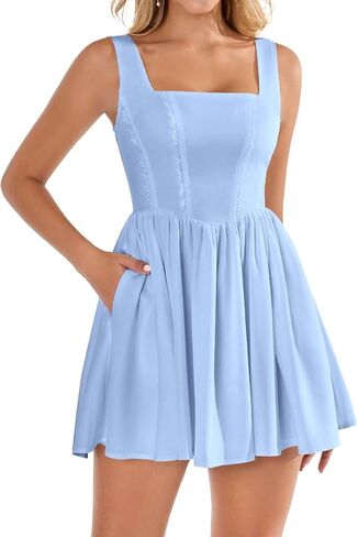 فستان نسائي صيفي قصير مزين بالزهور سموكد ألف خط دانتيل التخرج عطلة فستان الشمس غير رسمي مع جيوب 2026 in Kuwait