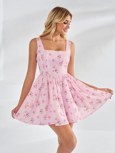 Women Summer Floral Mini Dress Smocked A Line Lace Graduation Vacation Casual Sundress with Pockets 2026 in Kuwait