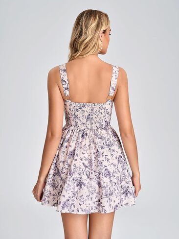 Women Summer Floral Mini Dress Smocked A Line Lace Graduation Vacation Casual Sundress with Pockets 2026 in Kuwait