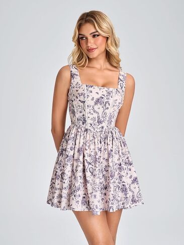 Women Summer Floral Mini Dress Smocked A Line Lace Graduation Vacation Casual Sundress with Pockets 2026 in Kuwait