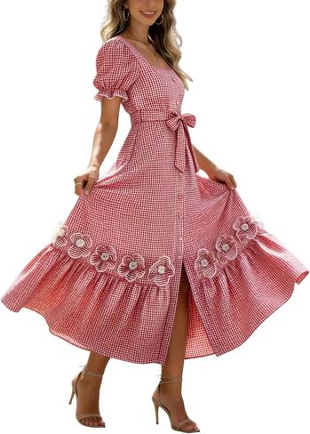 utcoco Dresses for Women Puff Short Sleeve Button Down 3D Flower Ruffle Plaid Maxi Shirt Dress in Saudi Arabia
