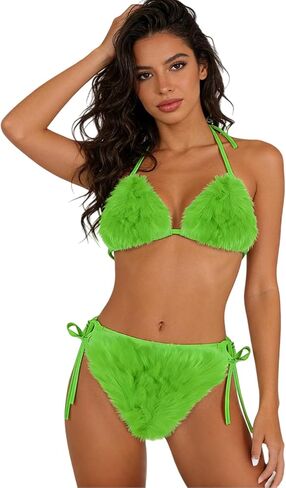 Women Sexy Furry Bikini Set Cute Two Piece Faux Fur Halter Top Triangle Bottom Swimsuit Outfit Clubwear Gift in Kuwait