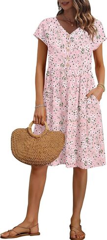 AUSELILY Women's Summer Short Sleeve Knee-Length Dresses V Neck Loose Causal Empire Dress with Pockets 2026 New in Saudi Arabia