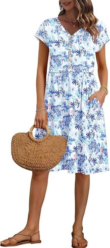 AUSELILY Women's Summer Short Sleeve Knee-Length Dresses V Neck Loose Causal Empire Dress with Pockets 2026 New in Saudi Arabia