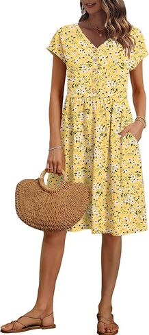 AUSELILY Women's Summer Short Sleeve Knee-Length Dresses V Neck Loose Causal Empire Dress with Pockets 2026 New in Saudi Arabia