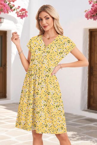 AUSELILY Women's Summer Short Sleeve Knee-Length Dresses V Neck Loose Causal Empire Dress with Pockets 2026 New in Saudi Arabia
