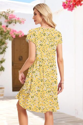 AUSELILY Women's Summer Short Sleeve Knee-Length Dresses V Neck Loose Causal Empire Dress with Pockets 2026 New in Saudi Arabia