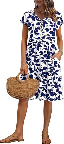 AUSELILY Women's Summer Short Sleeve Knee-Length Dresses V Neck Loose Causal Empire Dress with Pockets 2026 New in Saudi Arabia